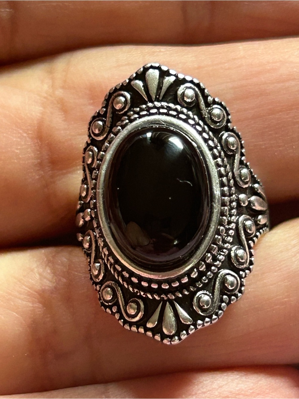 Sterling Silver S925 Black Obsidian Oval Crystal Ring Jewelry
